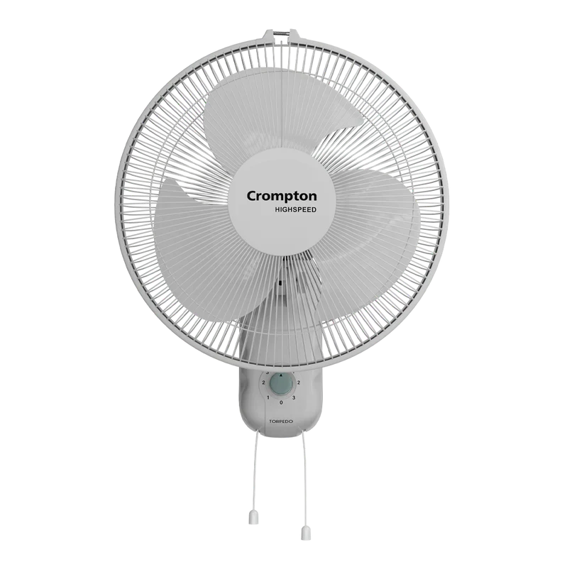 A white Crompton Torpedo 400mm high-speed wall fan with ABS blades, constructed for durability, mounted on a wall.