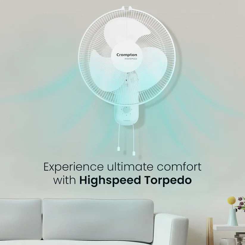 Wall-mounted fan with text promoting 'Highspeed Torpedo' comfort in a living room.