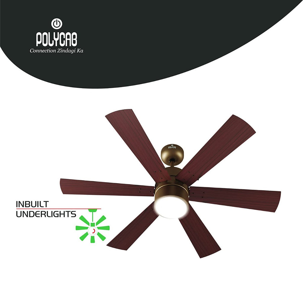 A polycab ceiling fan has 6 blades with inbuilt lights in it .