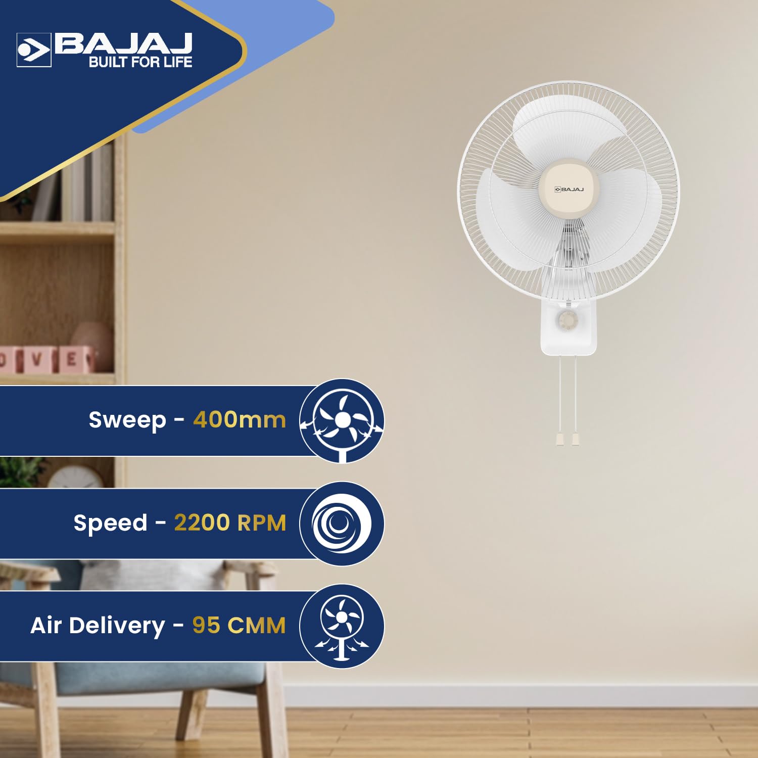 Bajaj Shield Series Robusto 400MM High Speed Wall Fan (Beige & White)